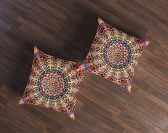 Boho Meditation Indian Mandala RelaxationTufted Floor Pillow, Square2 Sizes Best Gift for Husewarming, Birthday  Christmas Present