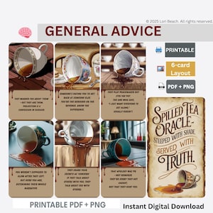 Puede incluir: Descarga digital de un "Oráculo del Té Derramado" con estética vintage. La imagen incluye seis cartas de consejo, tazas de té derramado y el texto "Consejos Generales". Disponible como PDF y PNG imprimibles, con diseño de 6 cartas.