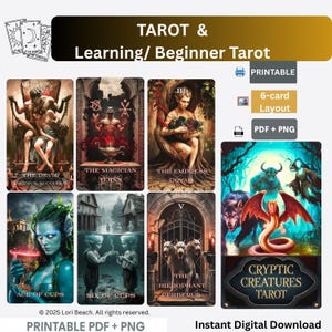 Può includere: Un download digitale con un mazzo di tarocchi con illustrazioni fantasy. Il mazzo include carte come "Il Diavolo", "Il Mago" e "L'Imperatrice". L'immagine include anche il testo "Cryptic Creatures Tarot".