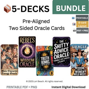 5 Oracle Decks Bundle- Instant Digital Download, Printable, Tarot Companion deck. Oracle Cards Dual sided Decks, Pre-aligned for easy print.
