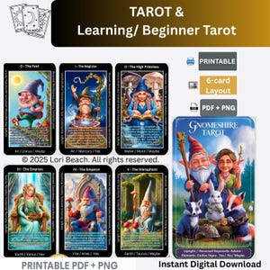 Tarot| Gnome Theme |Digital Download 78 cards Gnomeshire Tarot Deck, Print at home, Dual sided, Pre-aligned Digital Learning Tarot Beginners