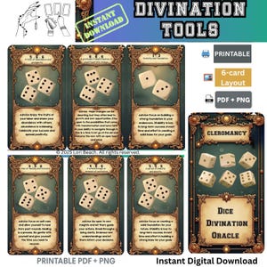 Oracle cards, Instant Digital Download, Printable, PDF, PNG,78 Cleromancy Dice Divination Cards. Prints 6 cards per sheet on 8.5x11"