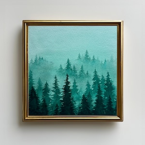 8x8in Digital Download Art Print Green Evergreen Trees Watercolor