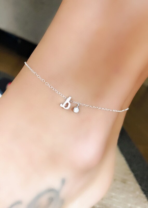 Initial Anklet Chain 5mm Figaro Hexagon Initial Letter Charm