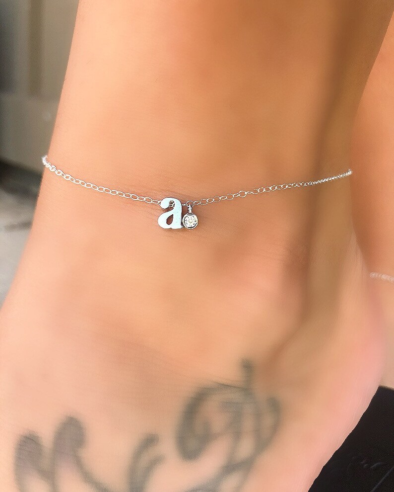 Initial Anklet Letter A Sterling Silver Tiny Crystal Etsy