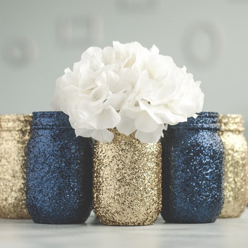 Set of 6 Navy Blue and Gold Vases Painted Mason Jars Wedding Etsy