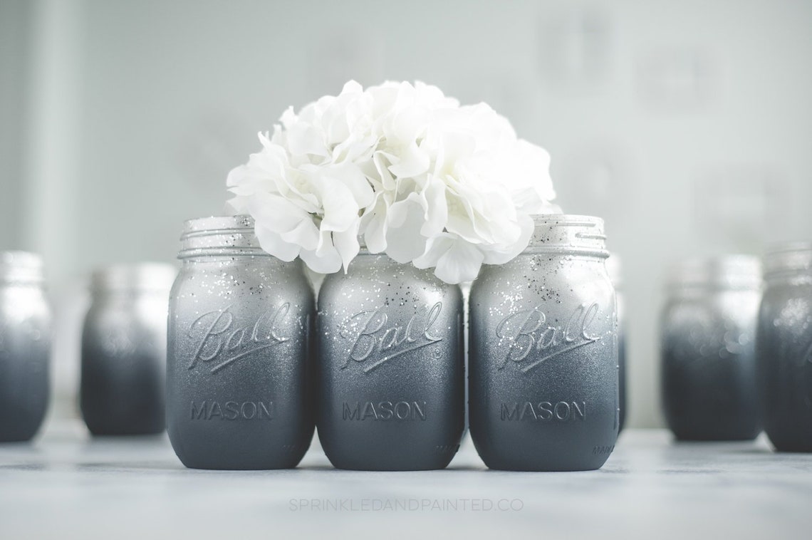 Set of 6 Navy Blue and Silver Wedding Vases Painted Mason Jar Etsy