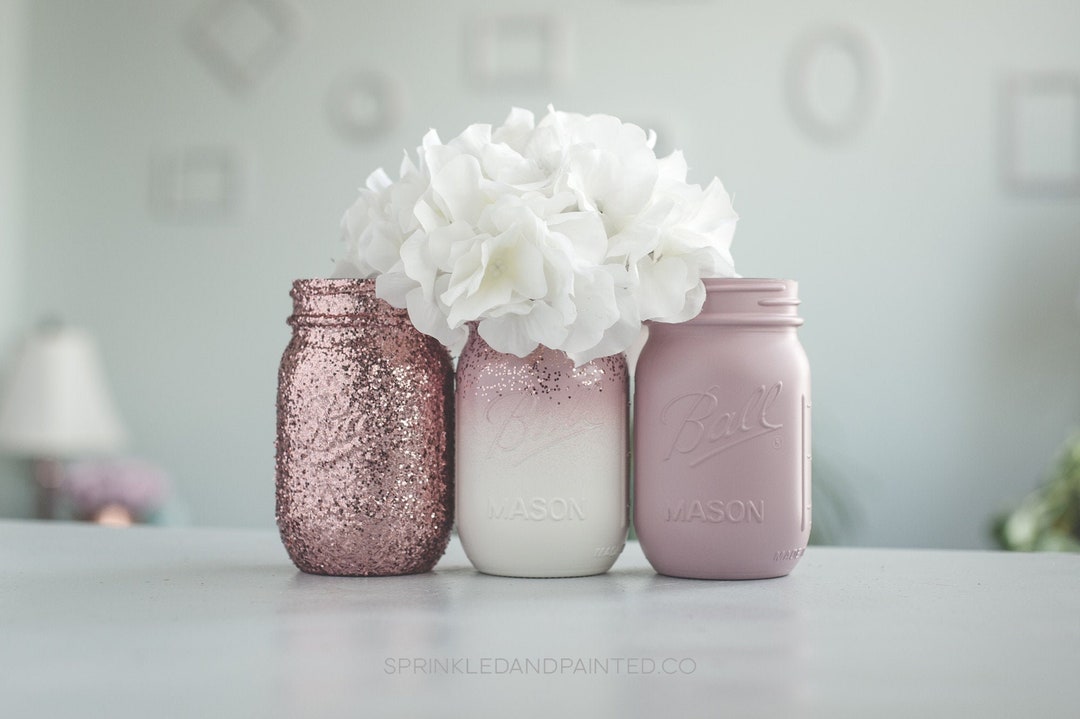 Set of 3 Rose Dusty Pink and Rose Gold Ombre Painted Mason Jar Etsy