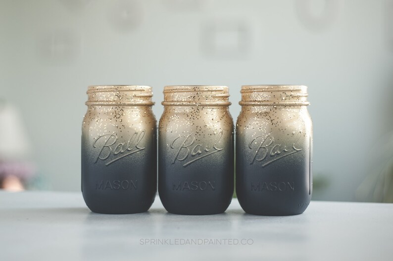 Set of 3 Navy Blue and Gold Vases Painted Mason Jars Wedding Etsy