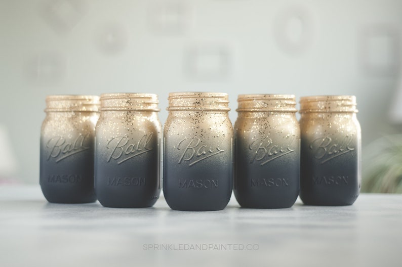 Set of 3 Navy Blue and Gold Vases Painted Mason Jars Wedding Etsy