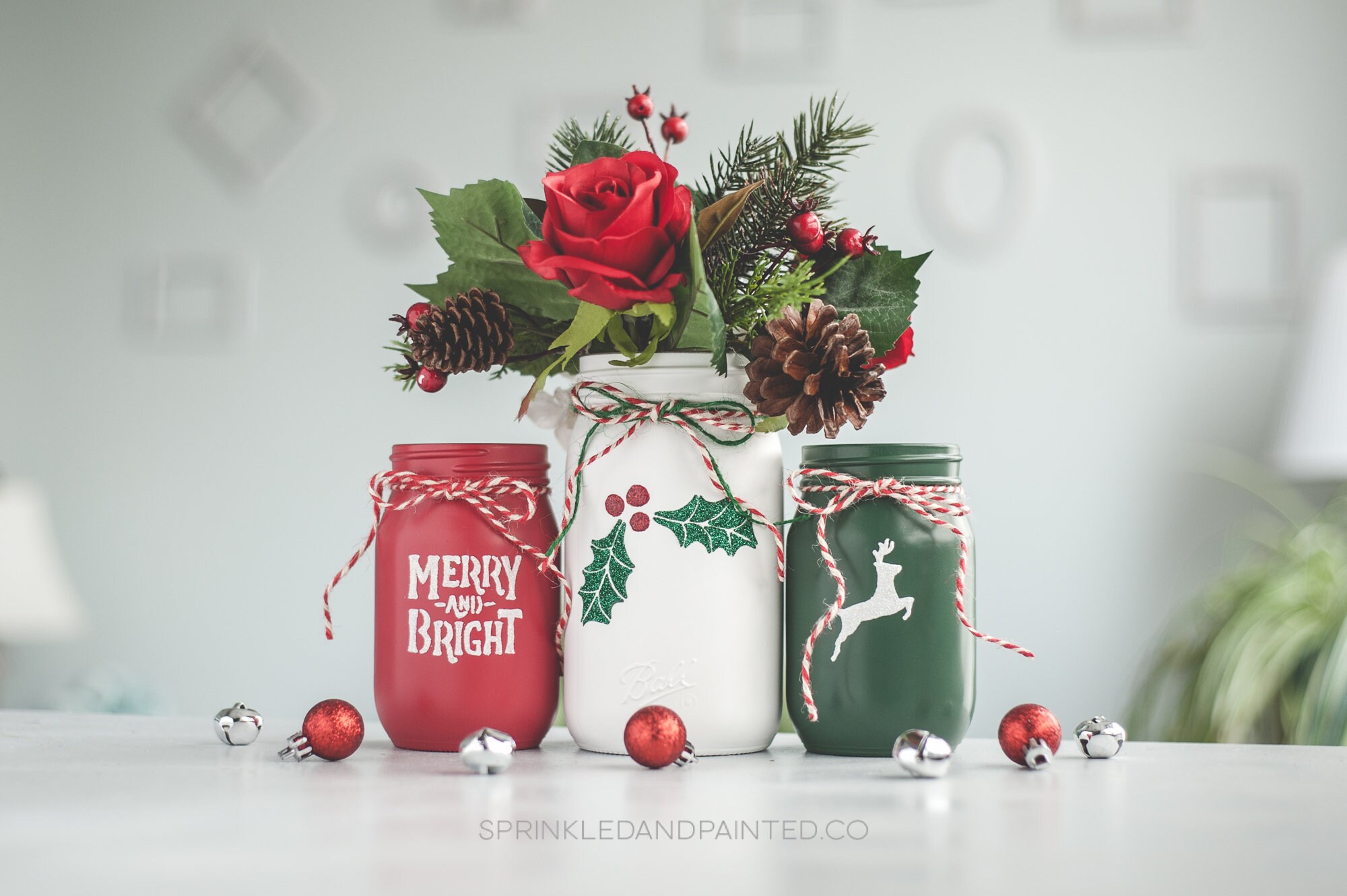 Set of 3 Christmas Holiday Decor Vases Red and White Painted Etsy