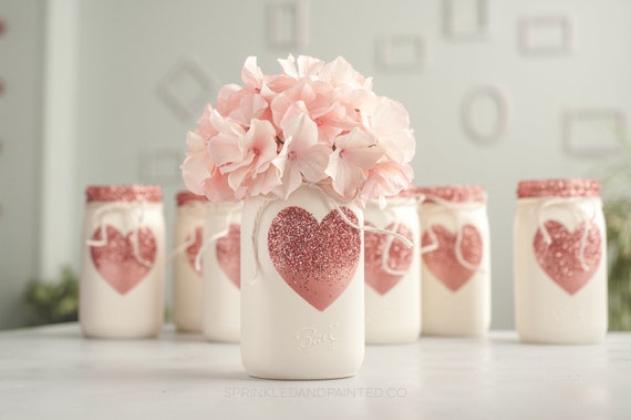 One Rose Gold Heart Painted Mason Jar Decor Vase Centerpiece Etsy