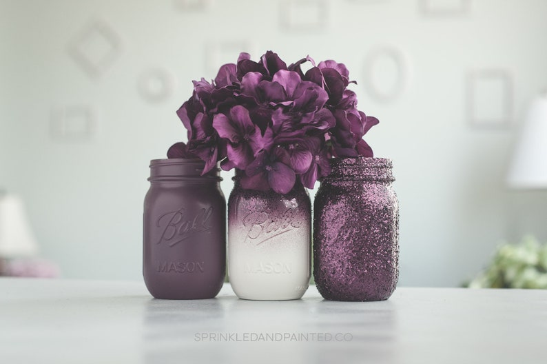 Eggplant Plum Purple Decor Vases Painted Mason Jars Glitter Etsy