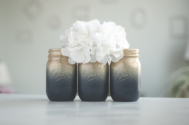 Set of 3 Navy Blue and Gold Vases Painted Mason Jars Wedding Etsy