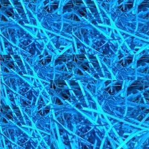 May include: A dense, tangled collection of thin, vibrant blue fibers or strands. The material features a bright, luminous cyan hue with varying shades of deep blue in the recessed areas, creating a complex, interwoven, and textured surface pattern.