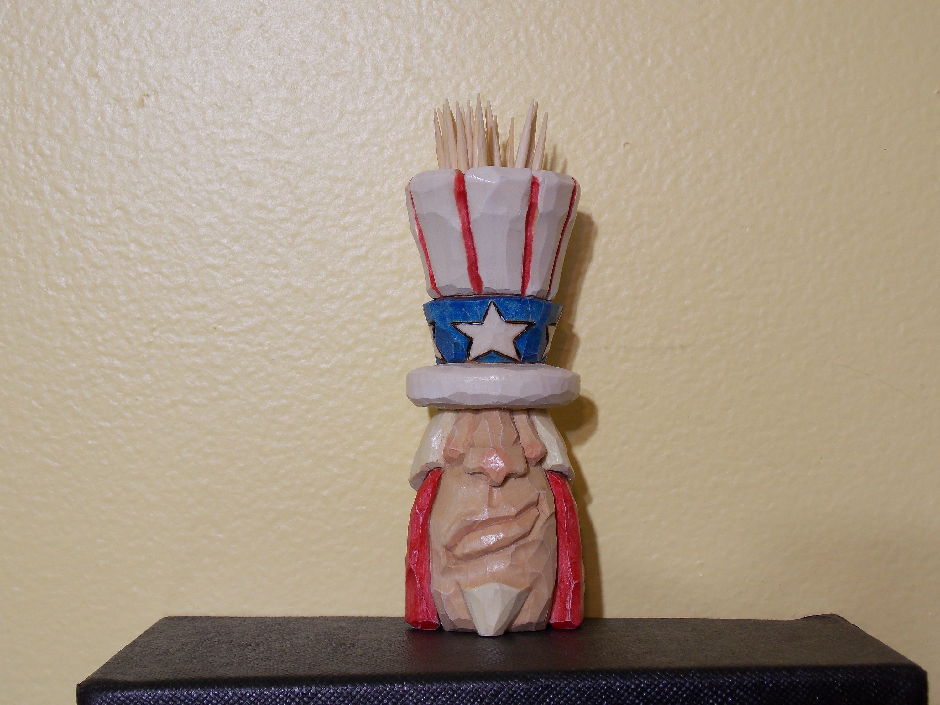 Wood Carving-Uncle Sam-Toothpick/Match Holder-Patriotic Americana-Red White and Blue