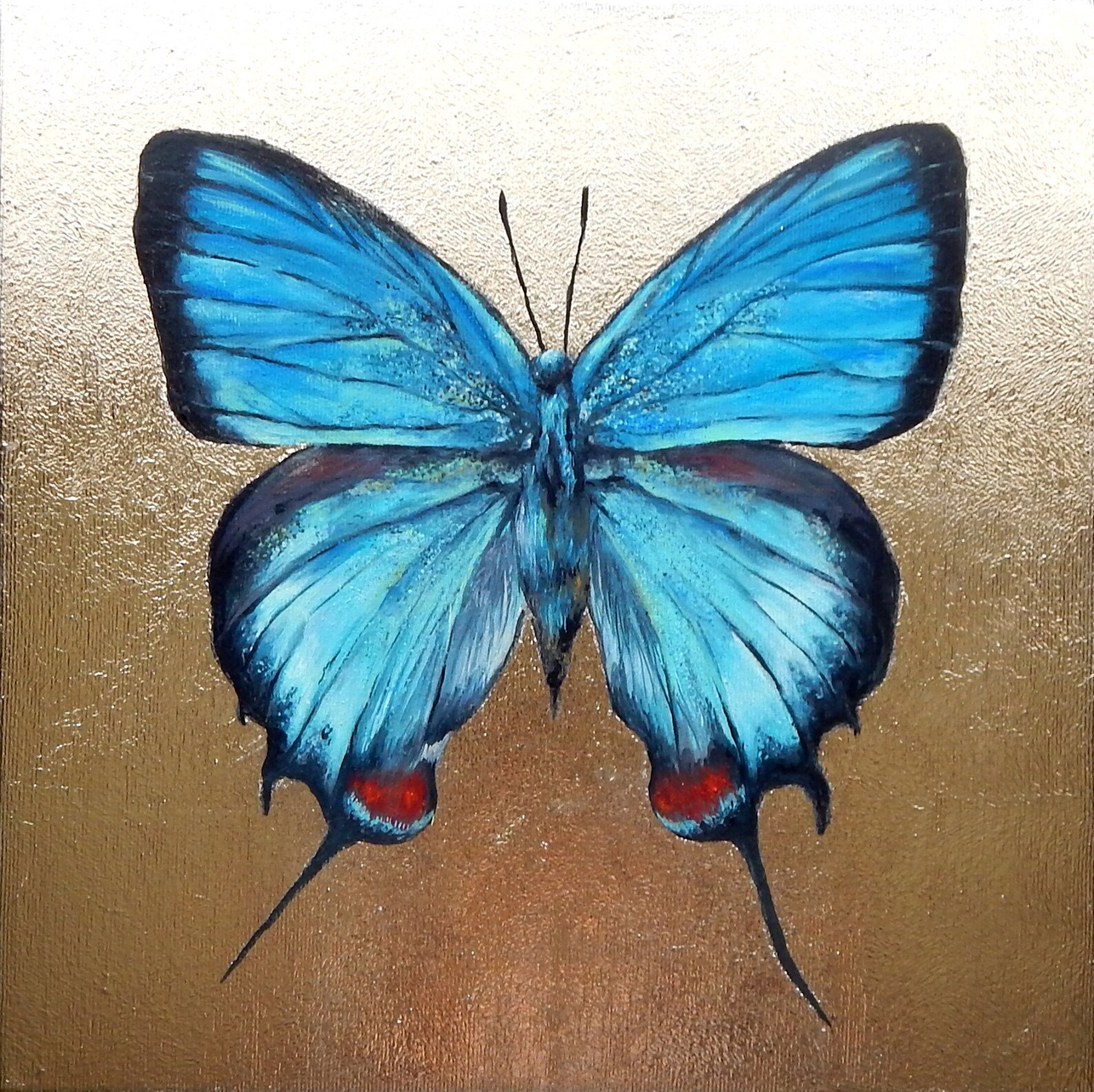 Blue Butterfly Painting Insect Original Wall Art Gold Leaf Etsy