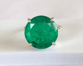 Smaragd Ring, Sterling Silber Ring, Grüner Smaragd Ring, Runder Schnitt Grüner Smaragd Ring, Smaragd Edelstein Ring, Handgemachter Ring, Ring für Geschenk