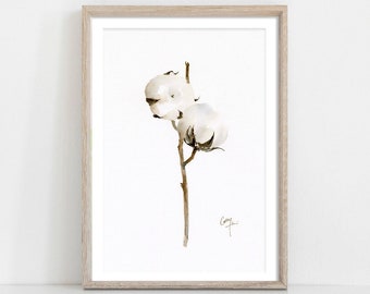 Cotton boll ORIGINAL watercolour painting, flower illustration,  botantical painting, minimalist