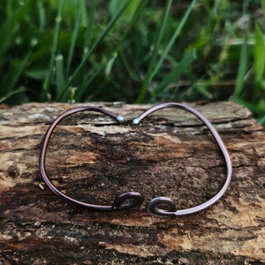 May include: A simple, brown metal bracelet with two small circles at the clasp.