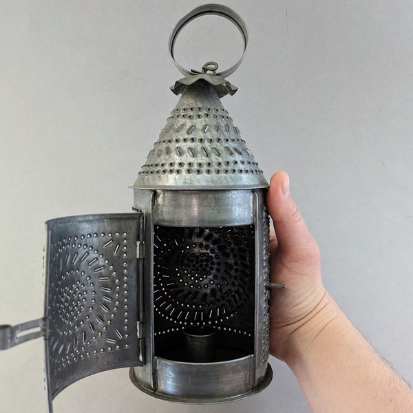 Vintage 10" Punched Tin Baker's Lantern, Punched Tin Candle Lantern with a Heart Design, Punched Tin Lantern, Punched Tin Candle Holder