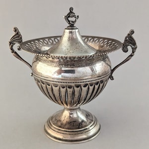 Vintage 800 Silver Sugar Dish, Ornate Silver Sugar Dish with Lid and Handles, 94 Grams 800 Silver, Pierced Silver Sugar Bowl Silver Cut Work