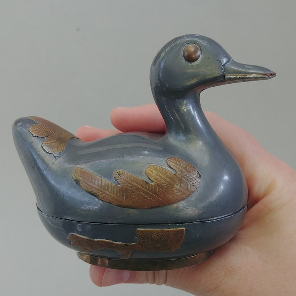Vintage Small Asian Pewter and Brass Duck Box, Duck Trinket Box, Duck Jewelry Box, Lidded Box, Brass Applique, Treasure Box, Pewter Duck Box