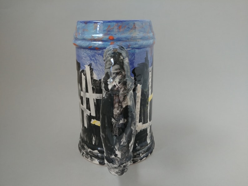 Unique Stein Ceramic Vase Halloween Beer Stein Vintage Hand Decorated Ceramic Stein with Graveyard Design Halloween Decor Abstract Mug