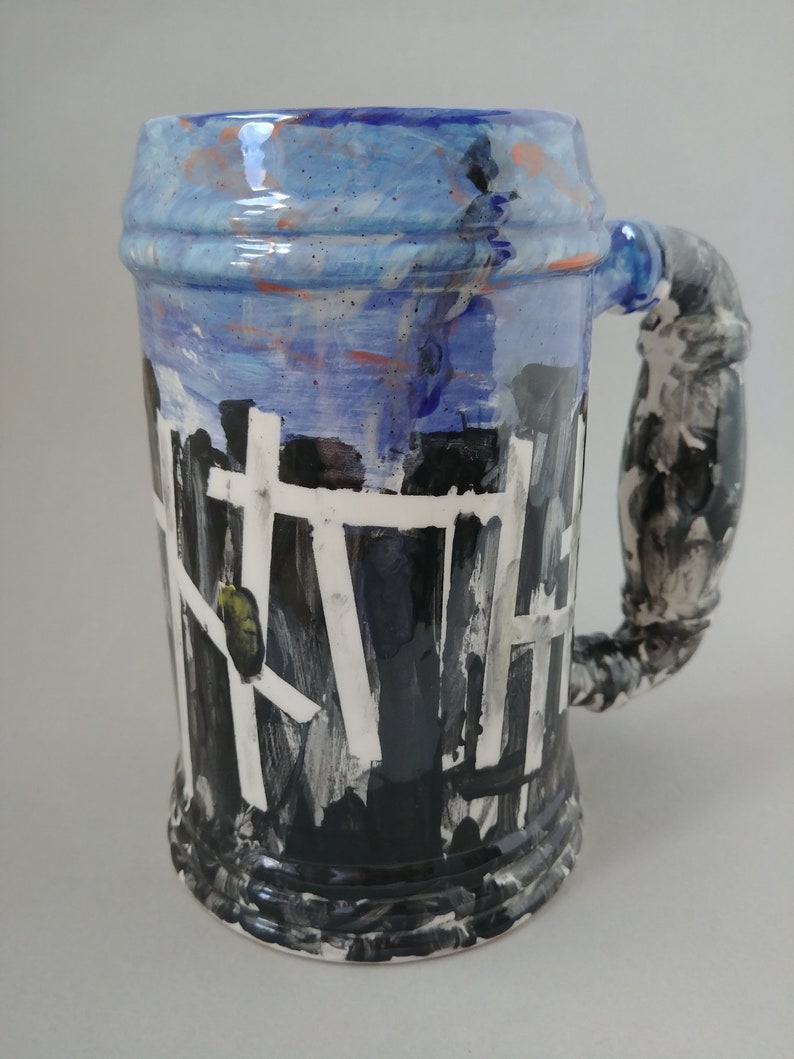 Unique Stein Ceramic Vase Halloween Beer Stein Vintage Hand Decorated Ceramic Stein with Graveyard Design Halloween Decor Abstract Mug