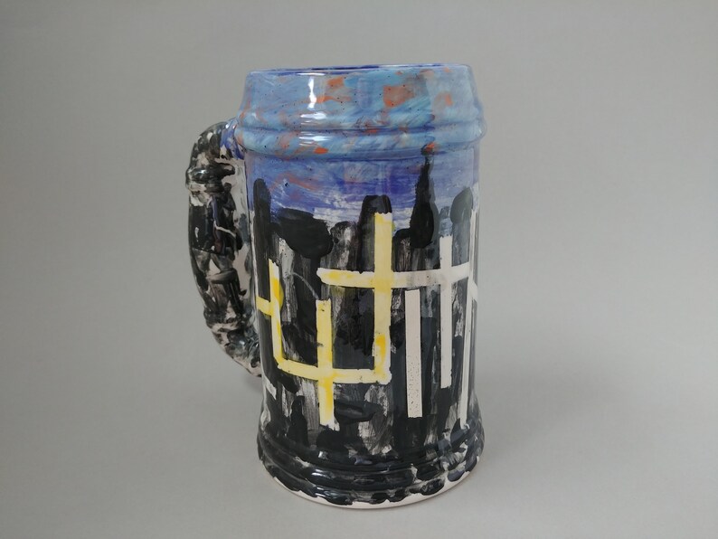 Unique Stein Ceramic Vase Halloween Beer Stein Vintage Hand Decorated Ceramic Stein with Graveyard Design Halloween Decor Abstract Mug