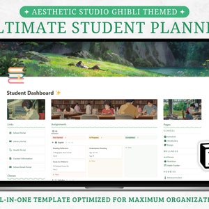Puede incluir: Una pantalla de computadora portátil que muestra un planificador de estudiantes con un fondo verde y un diseño con temática de Ghibli. El planificador incluye secciones para enlaces, tareas, páginas y un panel de control del estudiante. La pantalla también presenta un logotipo "N" verde y blanco.