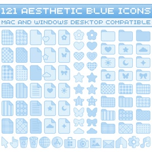 May include: A set of 121 blue aesthetic icons for Mac and Windows desktops. The icons feature various designs, including hearts, stars, clouds, butterflies, and folders with different patterns. The text "121 AESTHETIC BLUE ICONS" and "MAC AND WINDOWS DESKTOP COMPATIBLE" is displayed at the top of the image.
