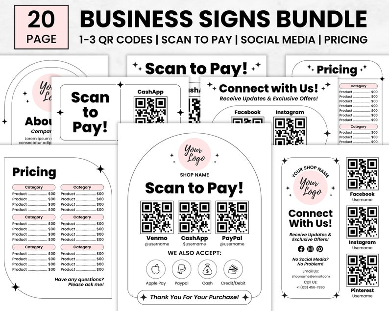 Qr Code Sign Bundle Editable QR Code Sign Bundle, Scan to Pay, Social Media, Pricing ...