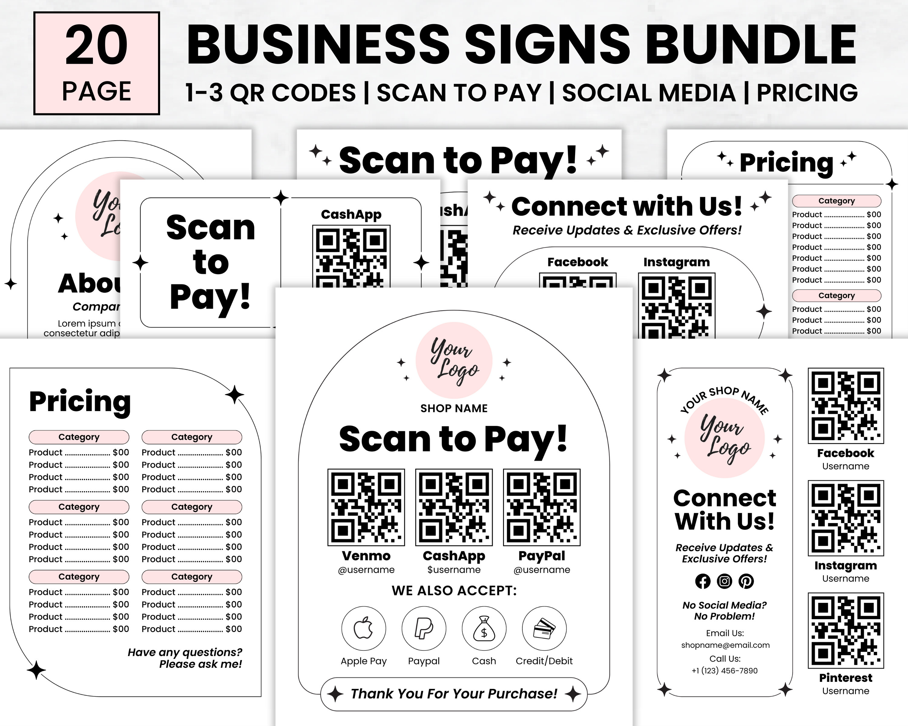 Editable QR Code Sign Bundle, Scan to Pay, Social Media, Pricing ...