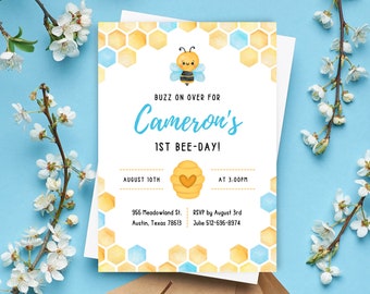 Invitación de cumpleaños de Bee Boy, plantilla editable de invitación a fiesta de 1er cumpleaños, azul, acuarela, panal, abeja, imprimible, descarga instantánea