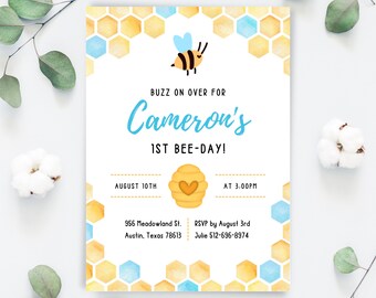 Invitación de cumpleaños de abeja, plantilla editable de invitación a fiesta azul, 1er cumpleaños de niña niño, amarillo, acuarela, panal, descarga digital imprimible