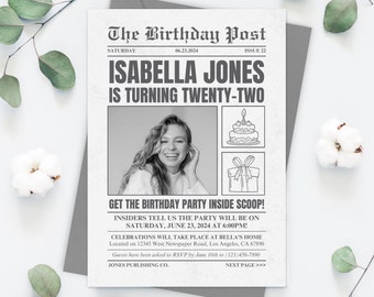 Zeitung Geburtstagseinladung, bearbeitbare Vorlage, Mädchen Junge Erwachsene Teen 21.50.Bday, lustige druckbare Party einladen, sofortiger digitaler Download