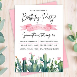 Cactus Desert Birthday Invitation, Modèle modifiable, Anniversaire adulte, Pink Girl Bday, Invitation de fête imprimable numérique, Aquarelle, Plantes grasses