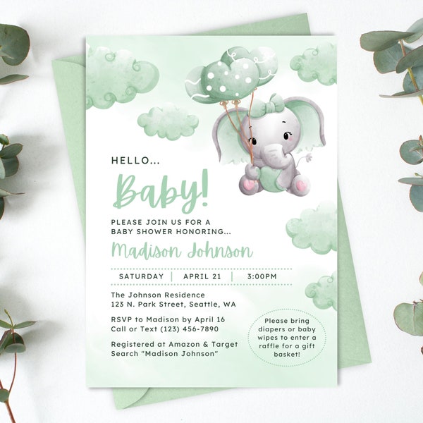 Sage Elephant Baby Shower Invitation, Gender Neutral Green Mint Boy Girl Baby Shower Invite, Editable Digital Download Printable Template