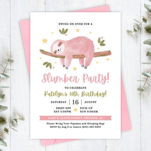 Slumber Sleepover Birthday Party Invitation, Editable Printable Sloth Invite Template, Pink, Girl, Pajama, Teen, Tween, Digital Download