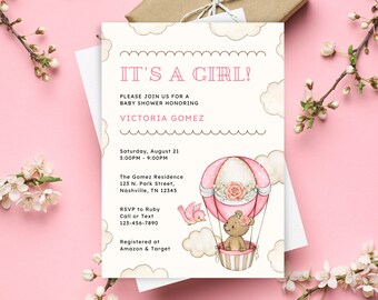 Inbjudan till babyshower med luftballong och flicka, rosa nallebjörn med moln och fågel, direktnedladdning, utskrivbar redigerbar inbjudan