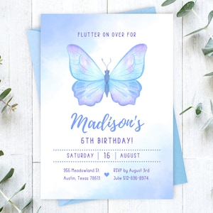 Modello di invito compleanno farfalla, invito festa stampabile digitale modificabile, blu, ragazza, bambini, acquerello, 1°, download istantaneo, personalizzato