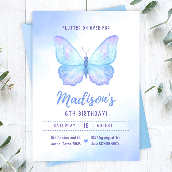 Butterfly Birthday Invitation Template, Editable Digital Printable Party Invite, Blue, Girl, Kids, Watercolor, 1st, Instant Download, Custom