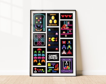 May include: A black and white pixel art print featuring various retro video game characters and icons. The print includes a pinball machine, a Pac-Man game, a Space Invaders game, a Donkey Kong game, and a Tetris game. The print also includes the text "INSERT (3) TOKENS" and "GAME OVER".