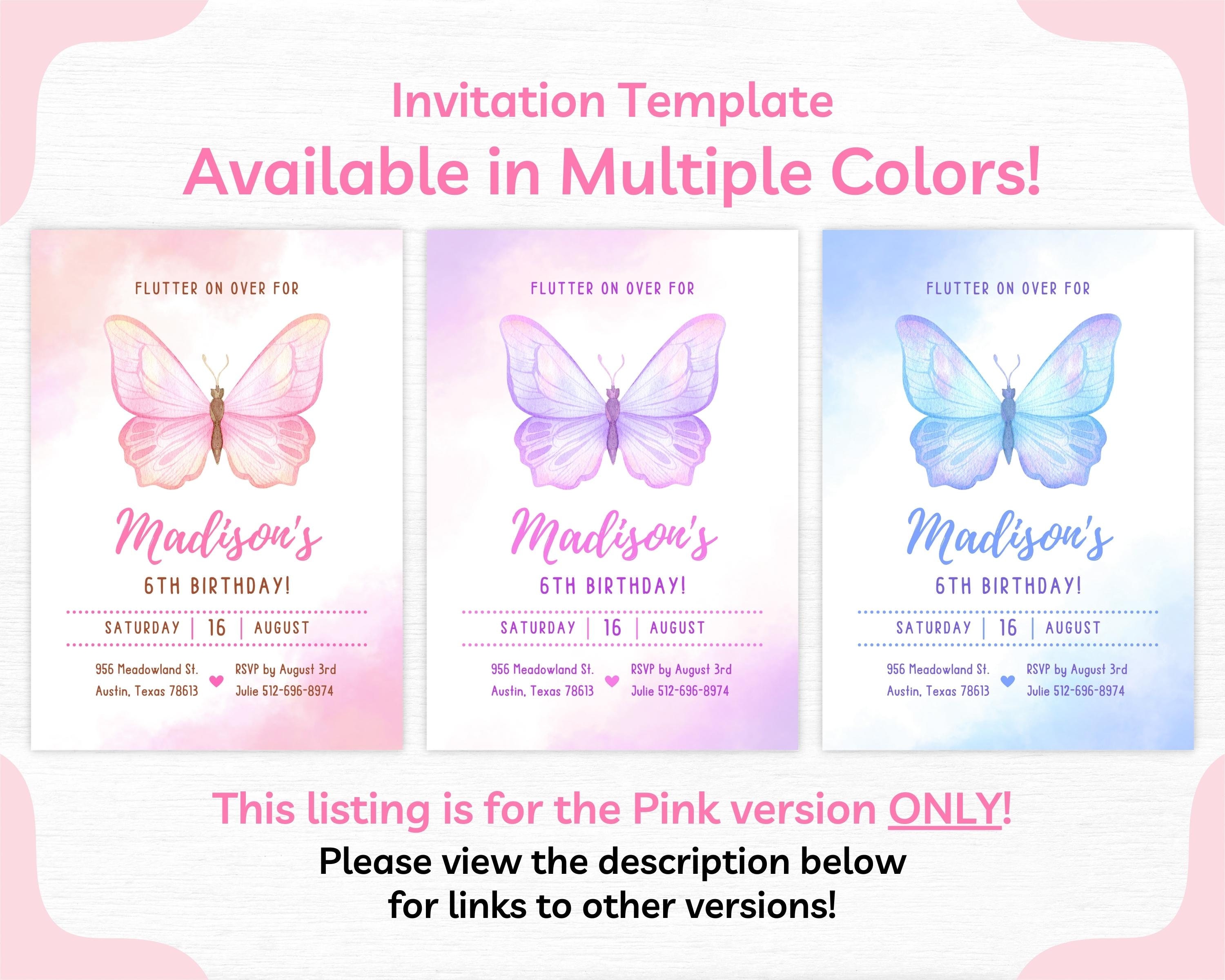 Butterfly Birthday Invitation Template, Editable Digital Printable ...