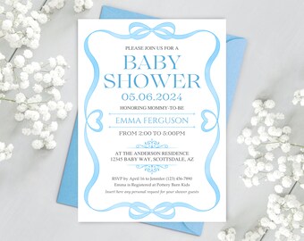 May include: A blue and white baby shower invitation with a blue ribbon bow. The invitation reads "Please join us for a Baby Shower" and includes the date "05.06.2024", the honoree's name "Emma Ferguson", the time "From 2:00 to 5:00PM", the location "At the Anderson Residence 12345 Baby Way, Scottsdale, AZ", and RSVP information.