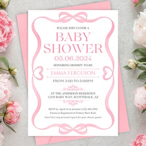 Girl Bow Baby Shower Invitation, Pink Watercolor Elegant Baby Shower Invite, Editable Digital Instant Download Printable Invitation Template