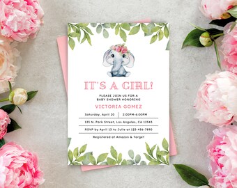 May include: A baby shower invitation with a watercolor illustration of a gray elephant wearing a pink flower crown. The text reads "It's a Girl!" and includes details about the event, including the date, time, location, and RSVP information.