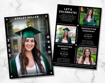 Plantilla de invitación a fiesta de graduación, invitación de anuncio de graduación para personas mayores con fotografía, editable, digital, imprimible, minimalista, moderno, personalizado
