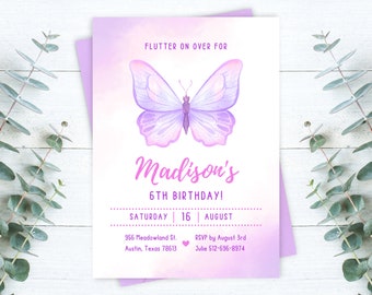 May include: Purple and pink watercolour butterfly birthday invitation with the text "Flutter on over for Madison's 6th Birthday! Saturday 16 August 956 Meadowland St. Austin, Texas 78613 RSVP by August 3rd Julie 512-696-8974"